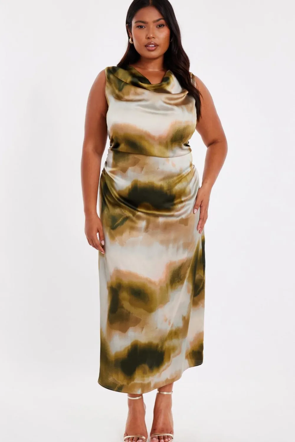 Quiz Day At The Races|Christening Guest>Curve Khaki Printed Satin Midaxi Dress