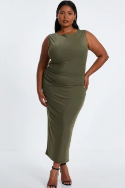 Quiz Evening Dresses|Summer Clothes>Curve Khaki Round Neck Midaxi Dress