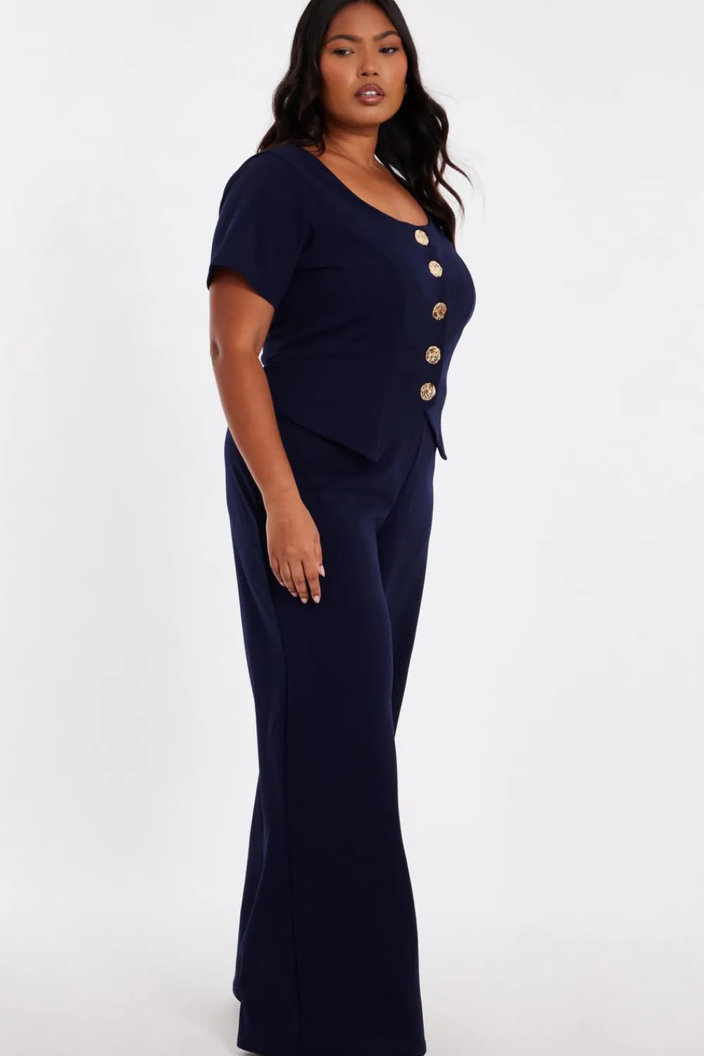 Quiz Occasion Jumpsuits|Evening Jumpsuits>Curve Navy Button Detail Jumpsuit