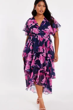 Quiz Day At The Races|Christening Guest>Curve Navy Chiffon Tiered Midi Dress