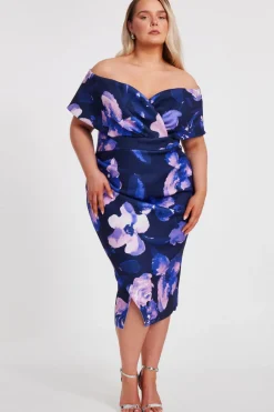 Quiz Evening Dresses|Day At The Races>Curve Navy Floral Bardot Midi Dress