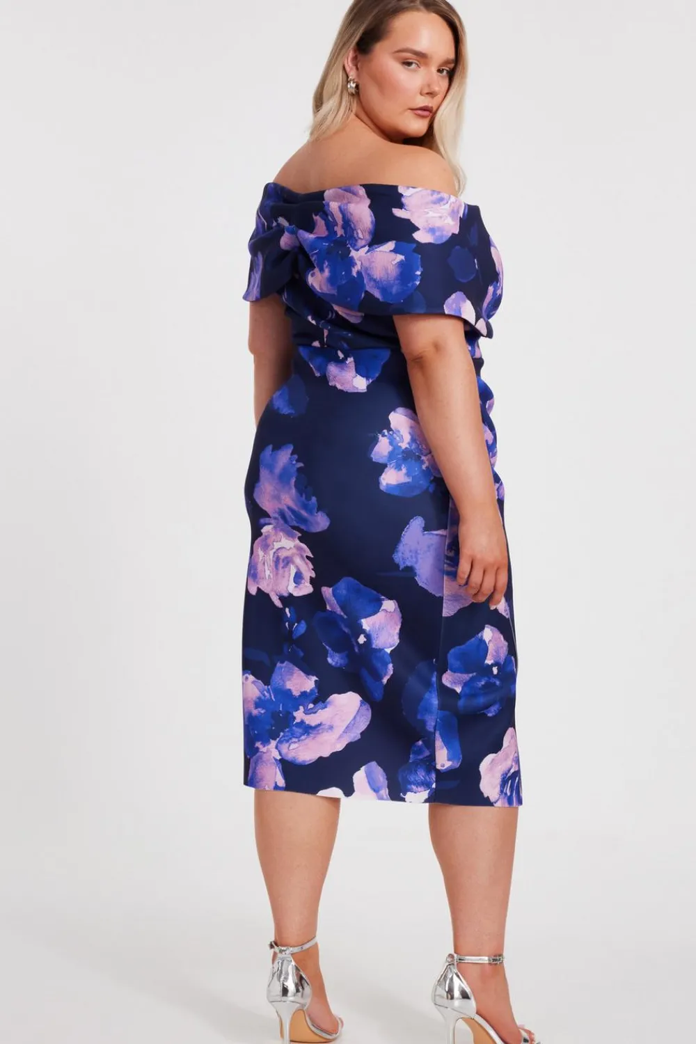 Quiz Evening Dresses|Day At The Races>Curve Navy Floral Bardot Midi Dress