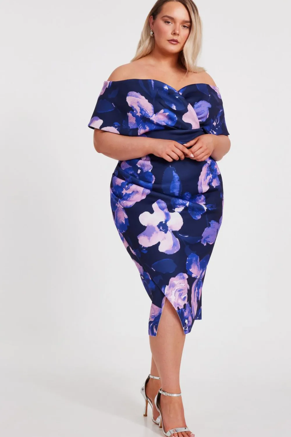 Quiz Evening Dresses|Day At The Races>Curve Navy Floral Bardot Midi Dress