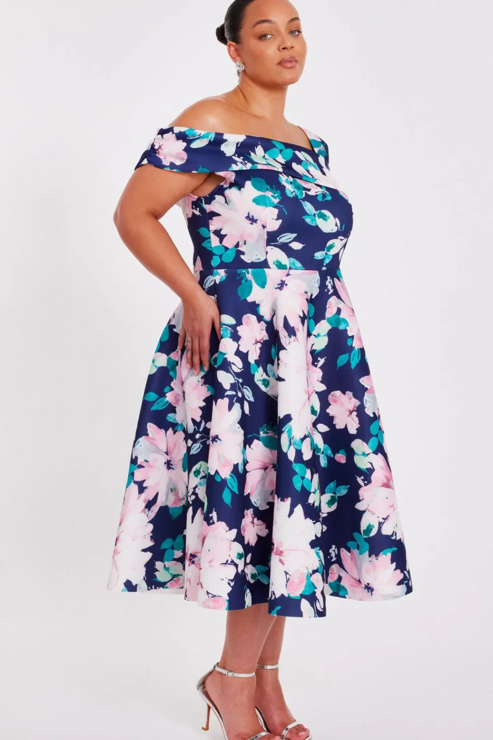 Quiz Evening Dresses|Day At The Races>Curve Navy Floral Print Skater Dress