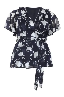 Quiz Summer Tops|Shirts & Blouses>Curve Navy Floral Wrap Frill Peplum Top
