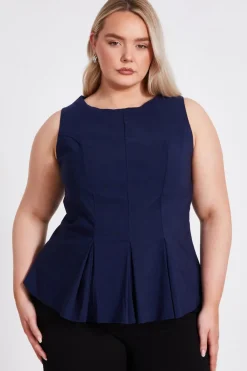 Quiz Going Out Tops|Day Tops>Curve Navy Pleated Peplum Top