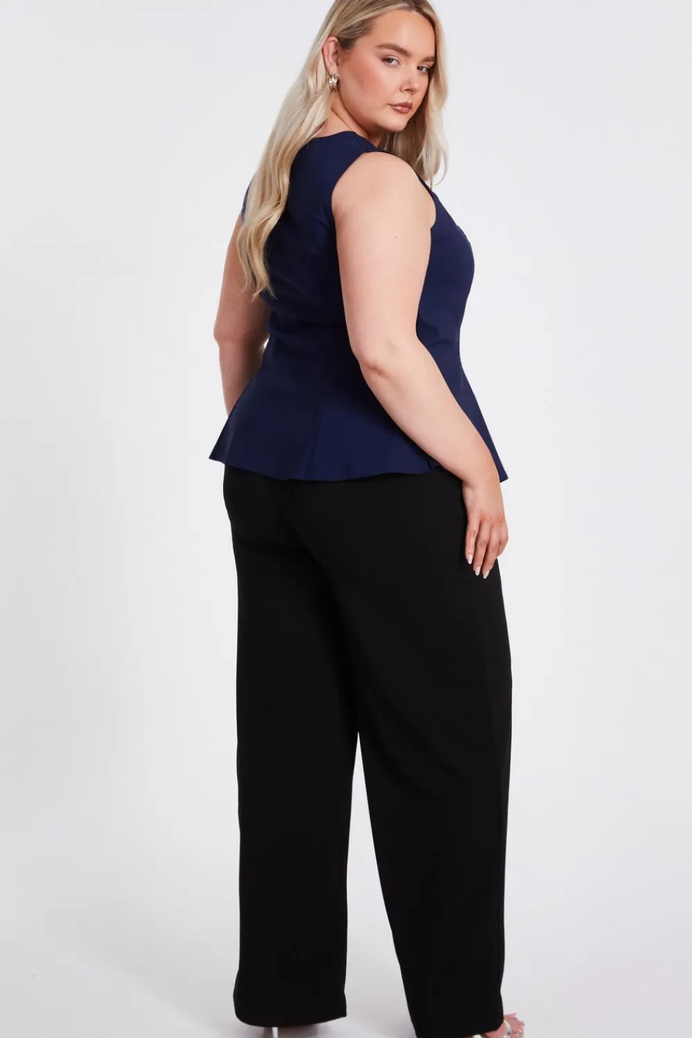 Quiz Going Out Tops|Day Tops>Curve Navy Pleated Peplum Top