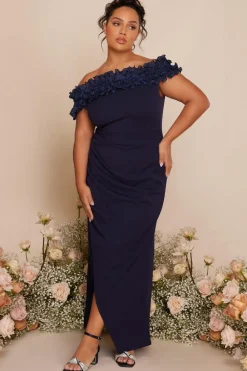 Quiz Prom & Ball|Ruffle Dresses>Curve Navy Ruffle Bardot Maxi Dress