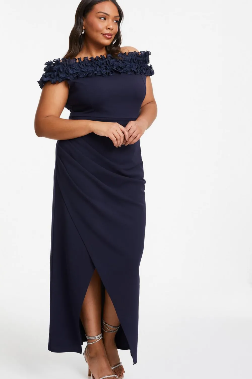 Quiz Prom & Ball|Ruffle Dresses>Curve Navy Ruffle Bardot Maxi Dress