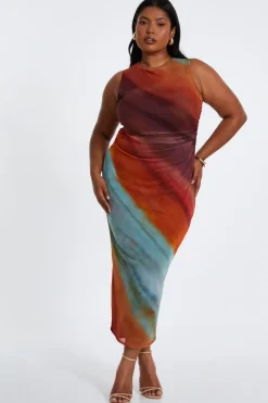 Quiz Summer Clothes|Holiday>Curve Orange Ombre Print Ruched Midaxi Dress