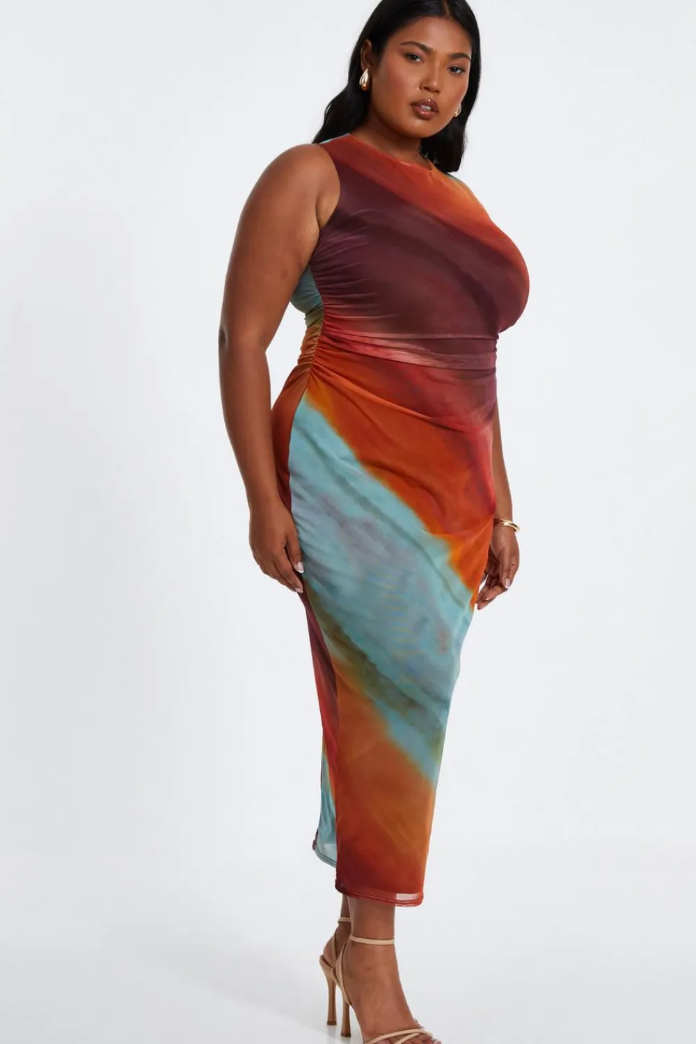 Quiz Summer Clothes|Holiday>Curve Orange Ombre Print Ruched Midaxi Dress
