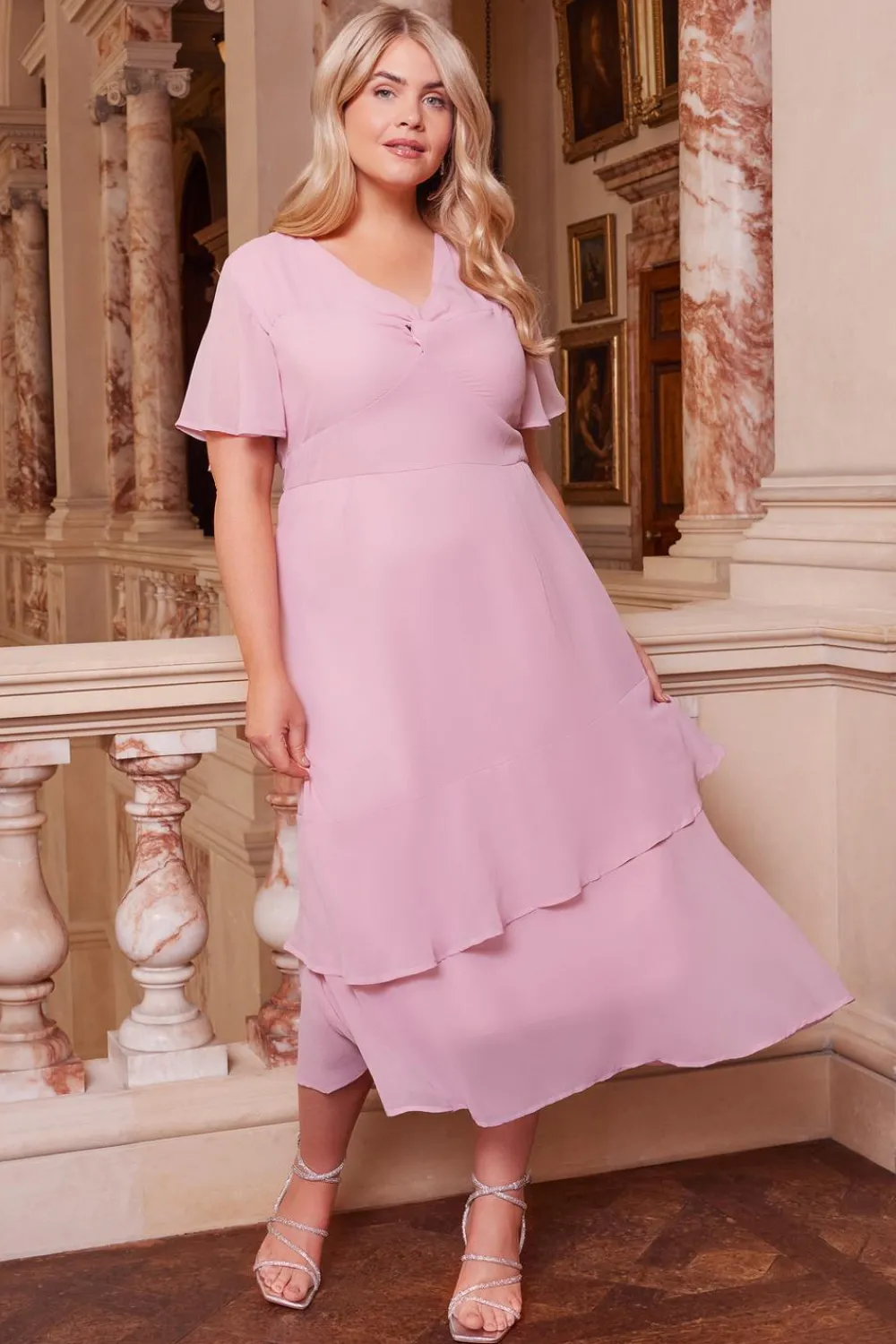 Quiz Wedding Guest Dresses|Pink Dresses>Curve Pink Chiffon Midaxi Dress
