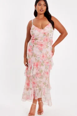 Quiz Day At The Races|Christening Guest>Curve Pink Floral Chiffon Midaxi Dress