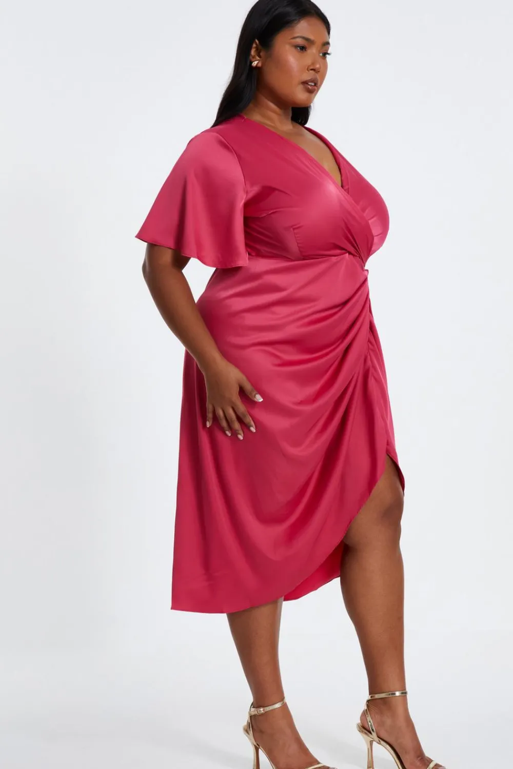 Quiz Wedding Guest Dresses|Summer Dresses>Curve Raspberry Satin Wrap Midi Dress