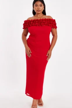 Quiz Evening Dresses|Day At The Races>Curve Red Floral Bardot Midaxi Dress