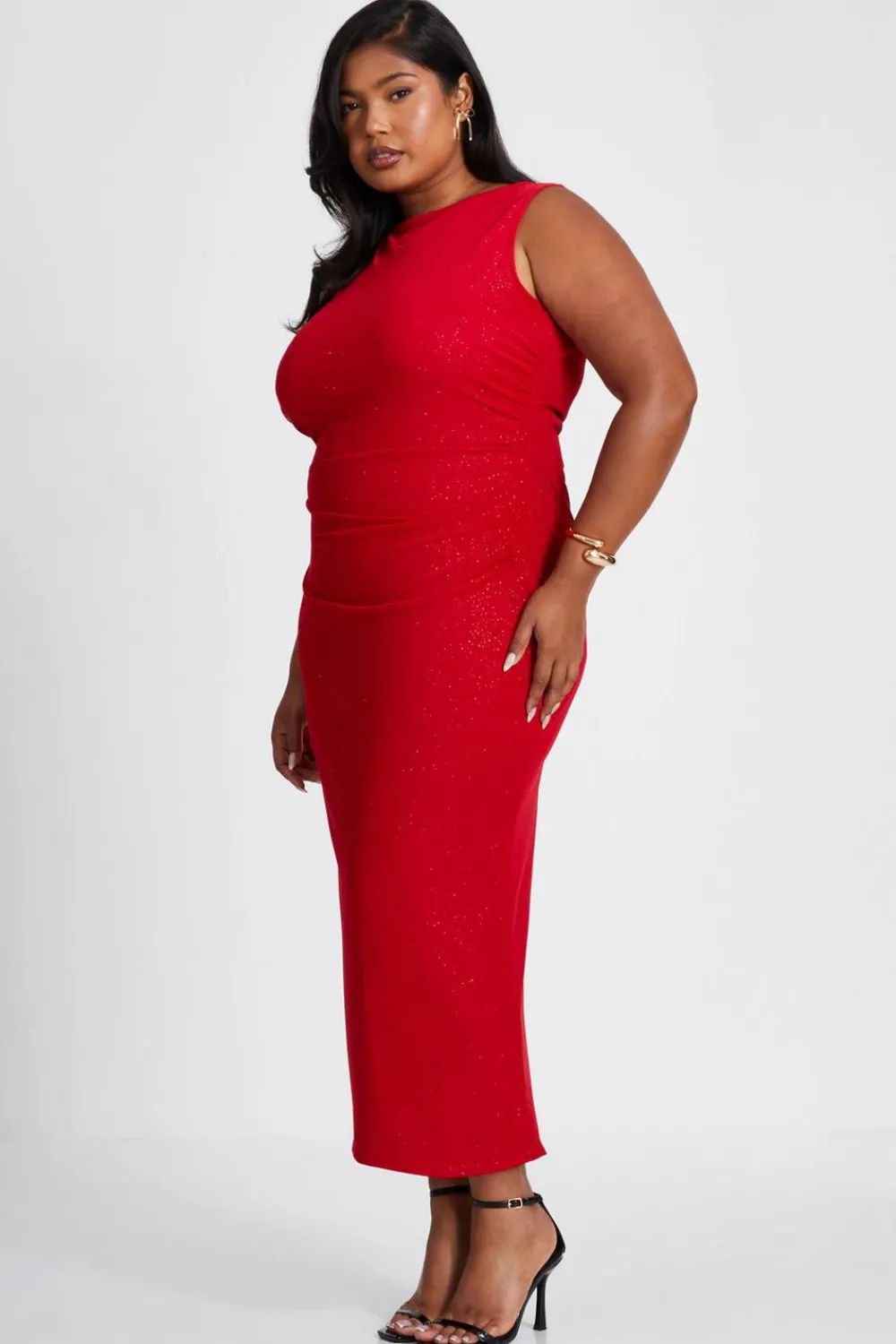 Quiz Trending: Red|Red Dresses>Curve Red Glitter Mesh Midaxi Dress