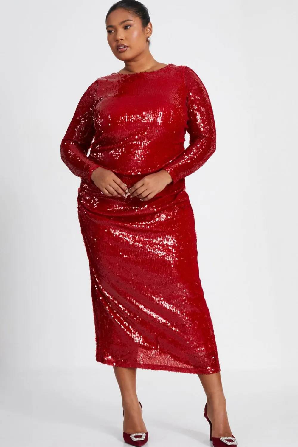 Quiz Trending: Red|Red Dresses>Curve Sequin Ruched Midaxi Dress