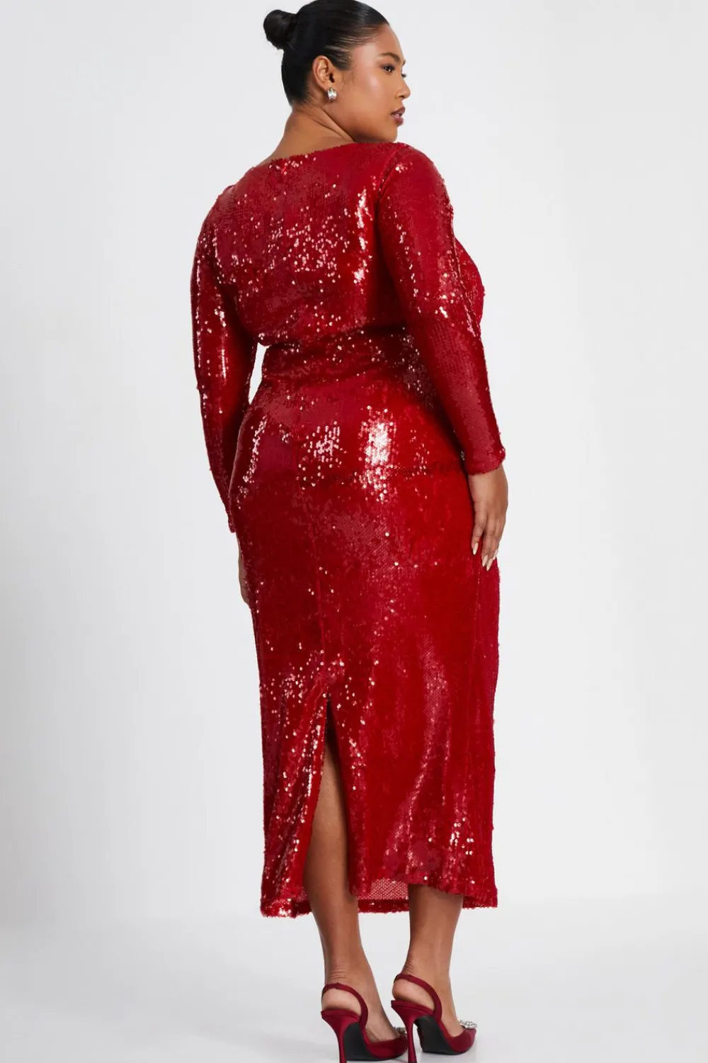 Quiz Trending: Red|Red Dresses>Curve Sequin Ruched Midaxi Dress