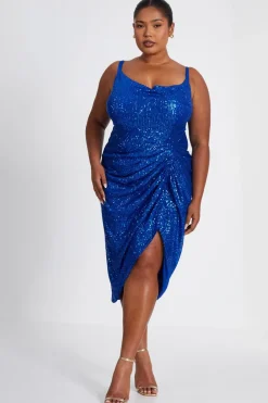 Quiz Wrap Dresses|Royal Blue Dresses>Curve Royal Blue Sequin Ruched Midi Dress