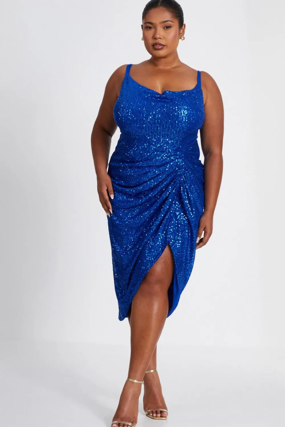 Quiz Wrap Dresses|Royal Blue Dresses>Curve Royal Blue Sequin Ruched Midi Dress