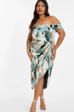 Quiz Wrap Dresses|Wedding Guest Dresses>Curve Sage Marble Print Bardot Midi Dress