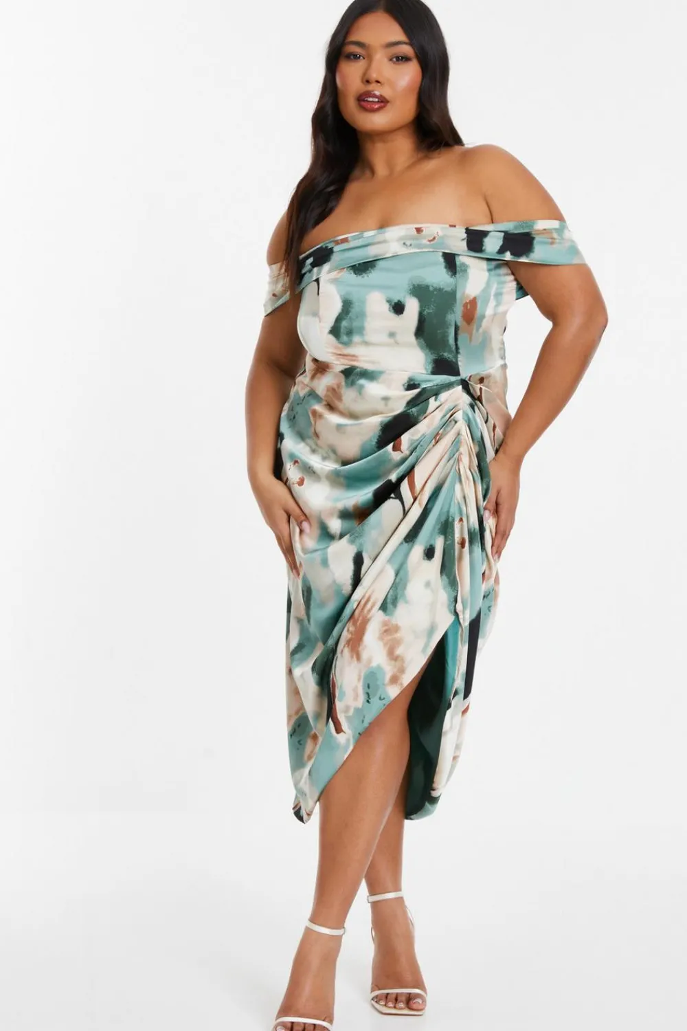 Quiz Wrap Dresses|Wedding Guest Dresses>Curve Sage Marble Print Bardot Midi Dress