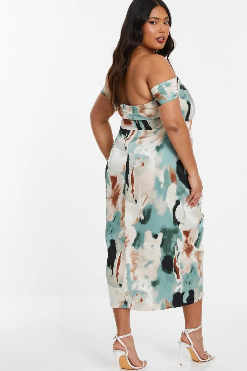 Quiz Wrap Dresses|Wedding Guest Dresses>Curve Sage Marble Print Bardot Midi Dress