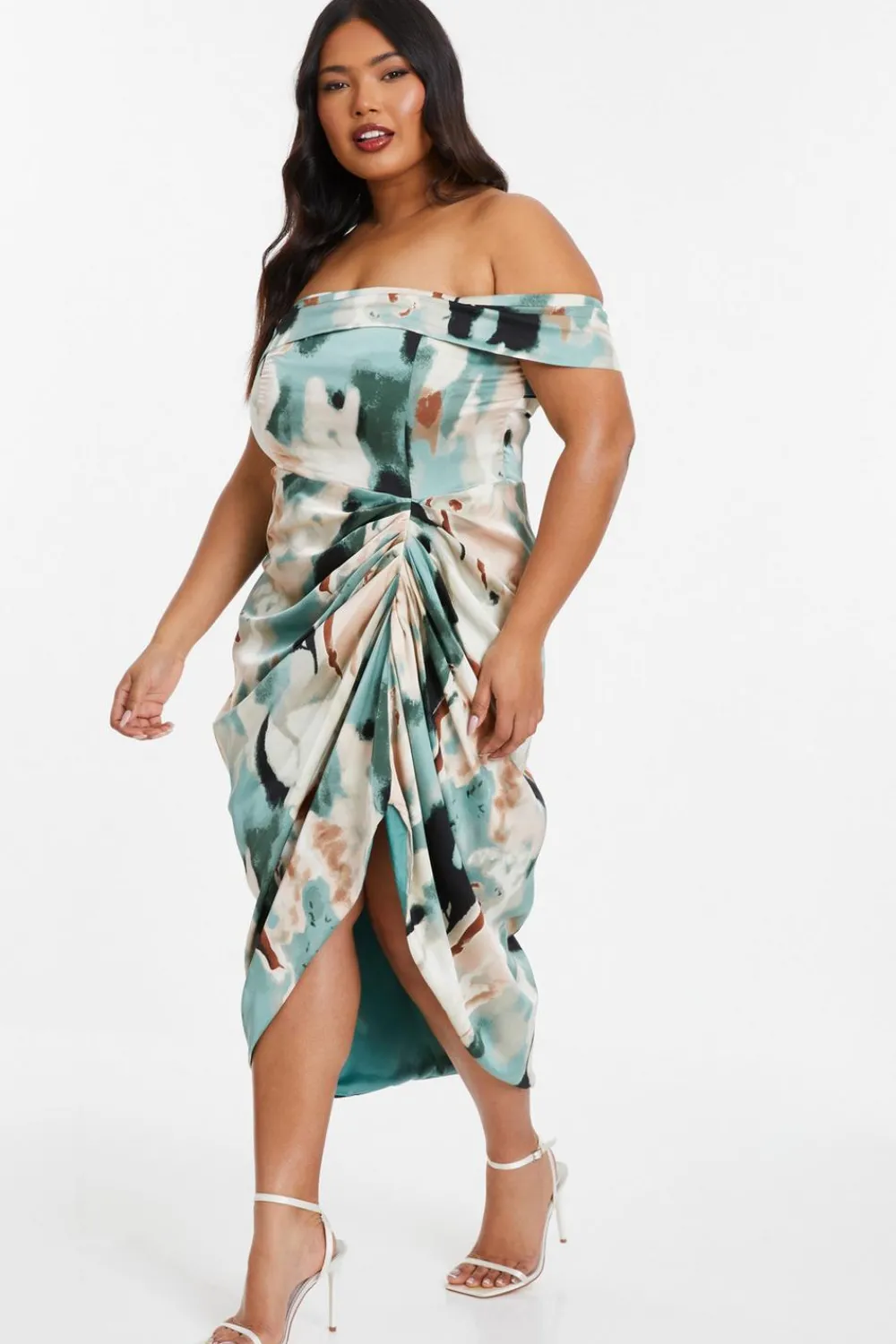 Quiz Wrap Dresses|Wedding Guest Dresses>Curve Sage Marble Print Bardot Midi Dress