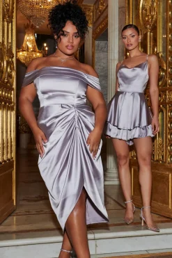 Quiz Evening Dresses|Wrap Dresses>Curve Silver Satin Bardot Midi Dress