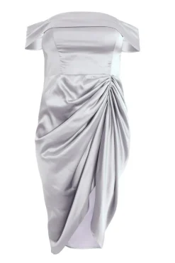 Quiz Evening Dresses|Wrap Dresses>Curve Silver Satin Bardot Midi Dress