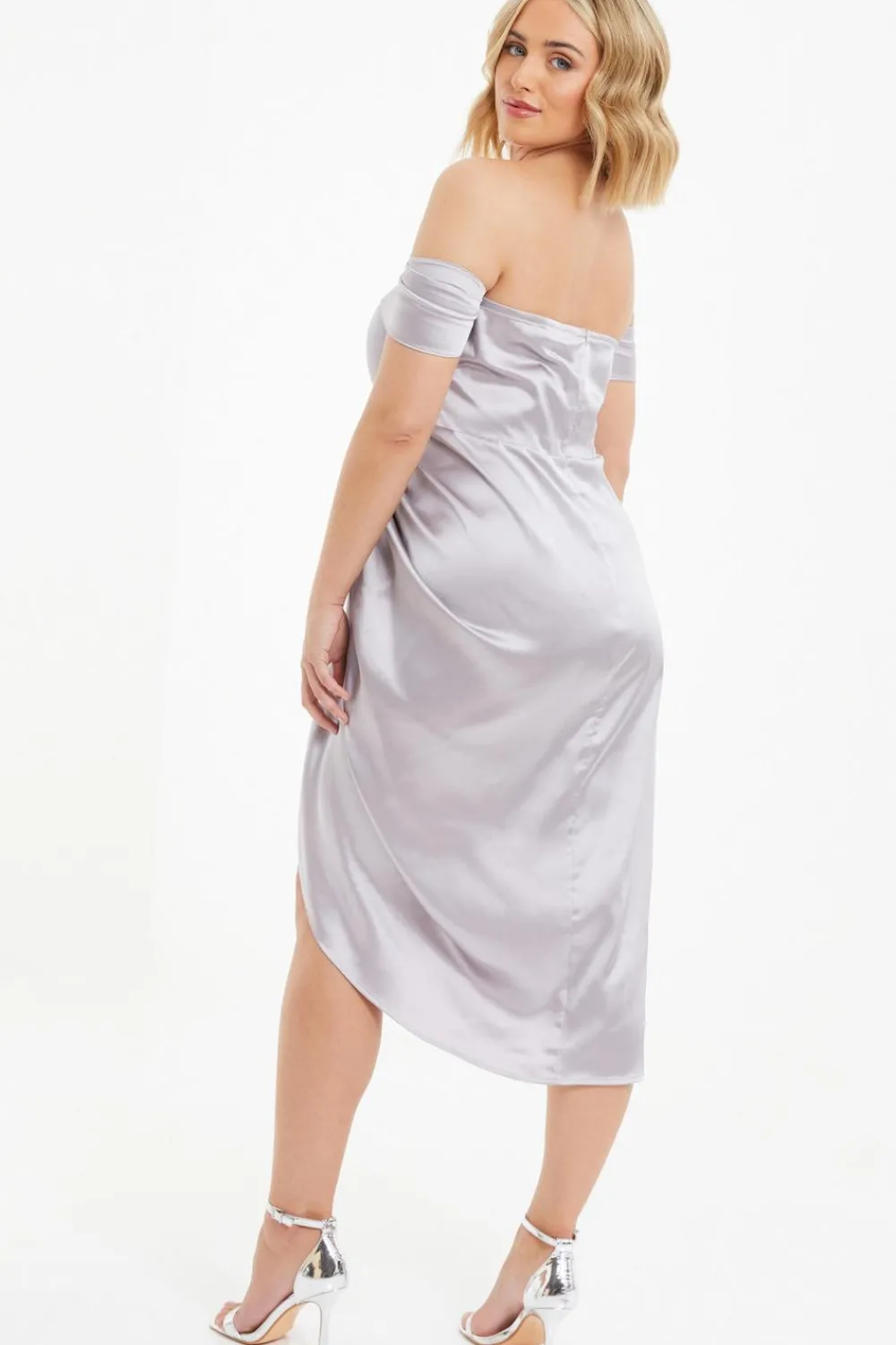 Quiz Evening Dresses|Wrap Dresses>Curve Silver Satin Bardot Midi Dress