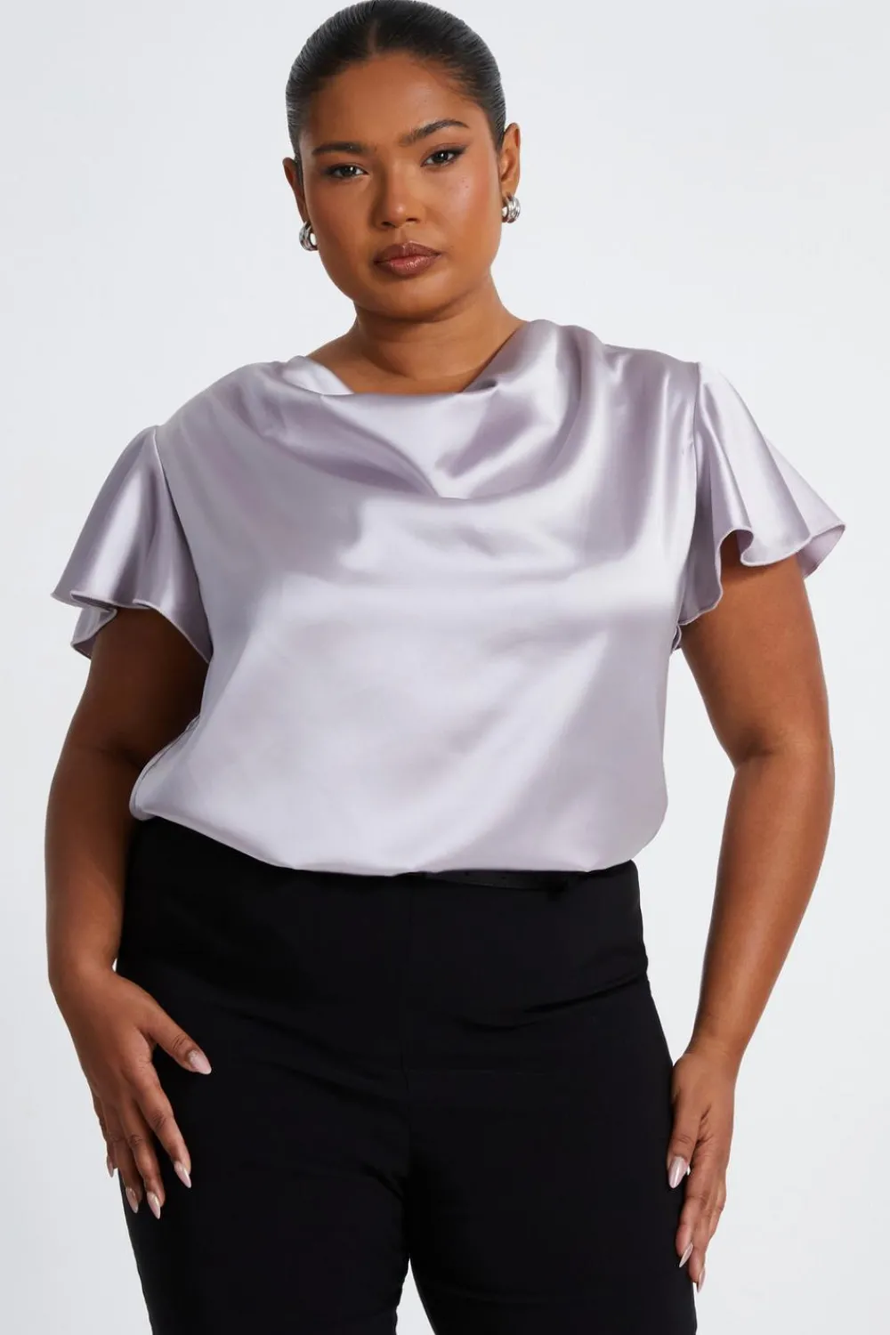Quiz Going Out Tops|Tops>Curve Silver Satin Cowl Neck Top
