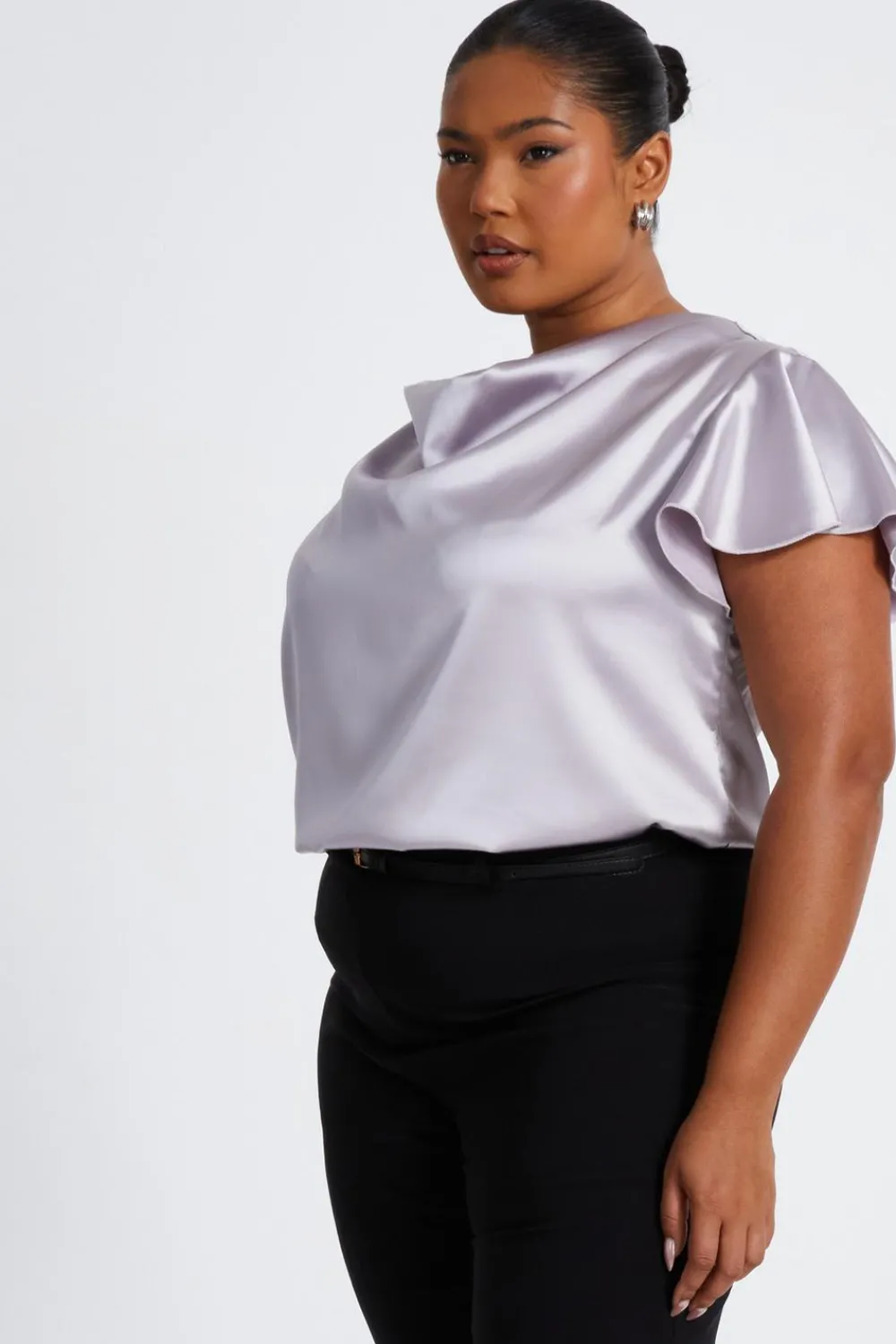 Quiz Going Out Tops|Tops>Curve Silver Satin Cowl Neck Top