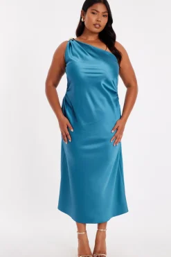 Quiz Evening Dresses|Day At The Races>Curve Teal Satin One Shoulder Midaxi Dress
