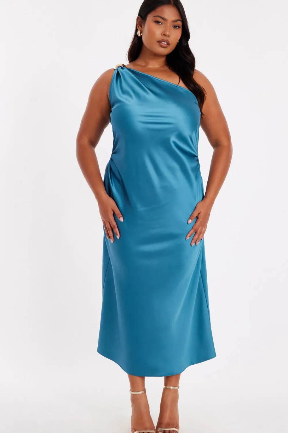 Quiz Evening Dresses|Day At The Races>Curve Teal Satin One Shoulder Midaxi Dress