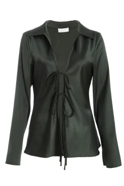 Quiz Shirts & Blouses|Going Out Tops>Dark Green Satin Tie Front Top