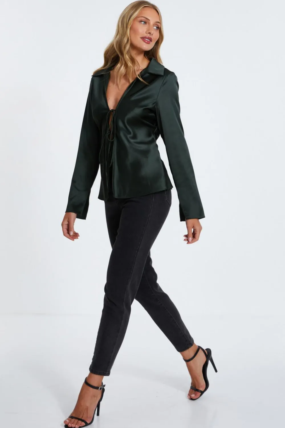Quiz Shirts & Blouses|Going Out Tops>Dark Green Satin Tie Front Top