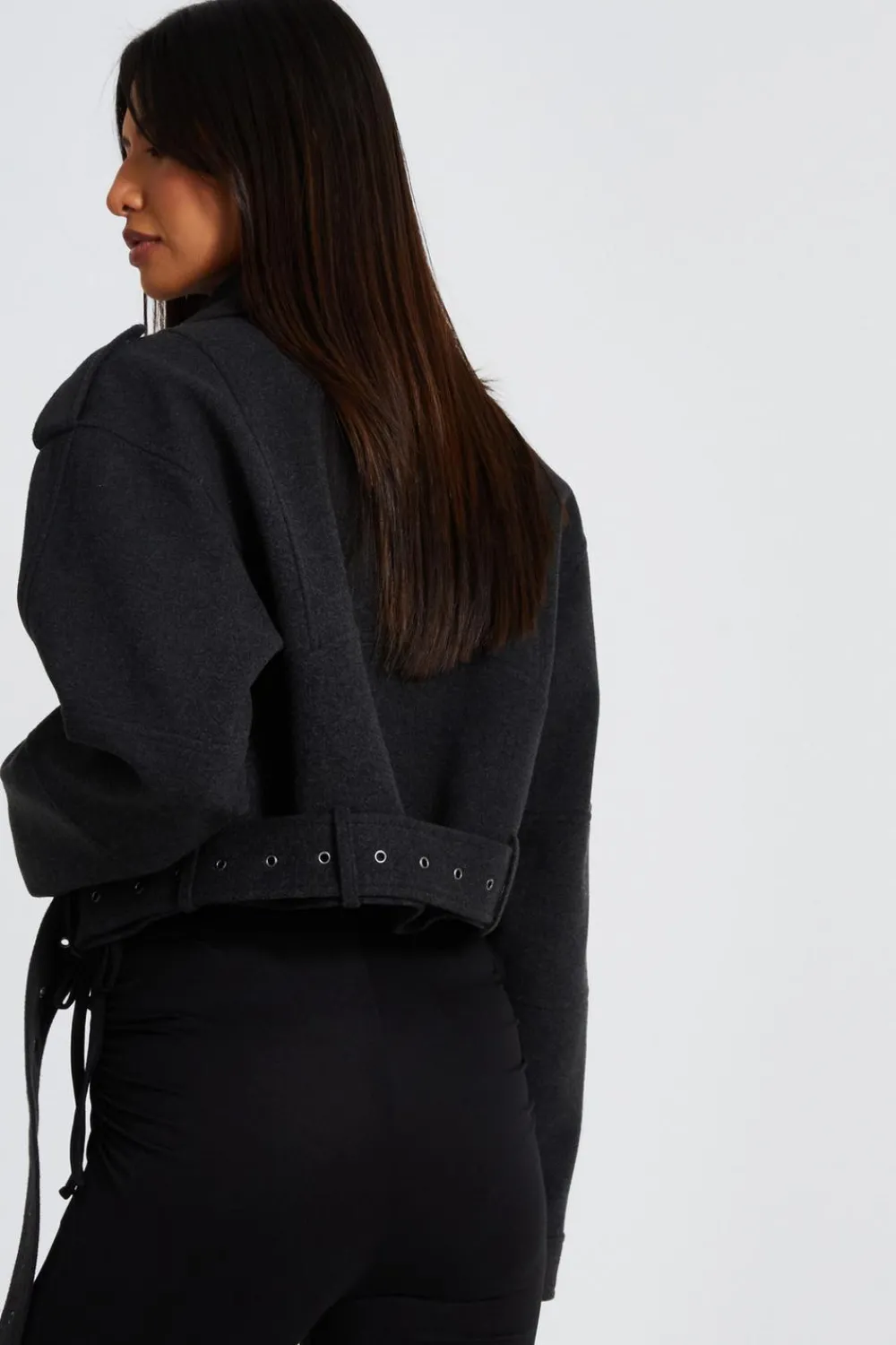 Quiz Jackets & Coats|Casual Clothing>Dark Grey Cropped Biker Jacket