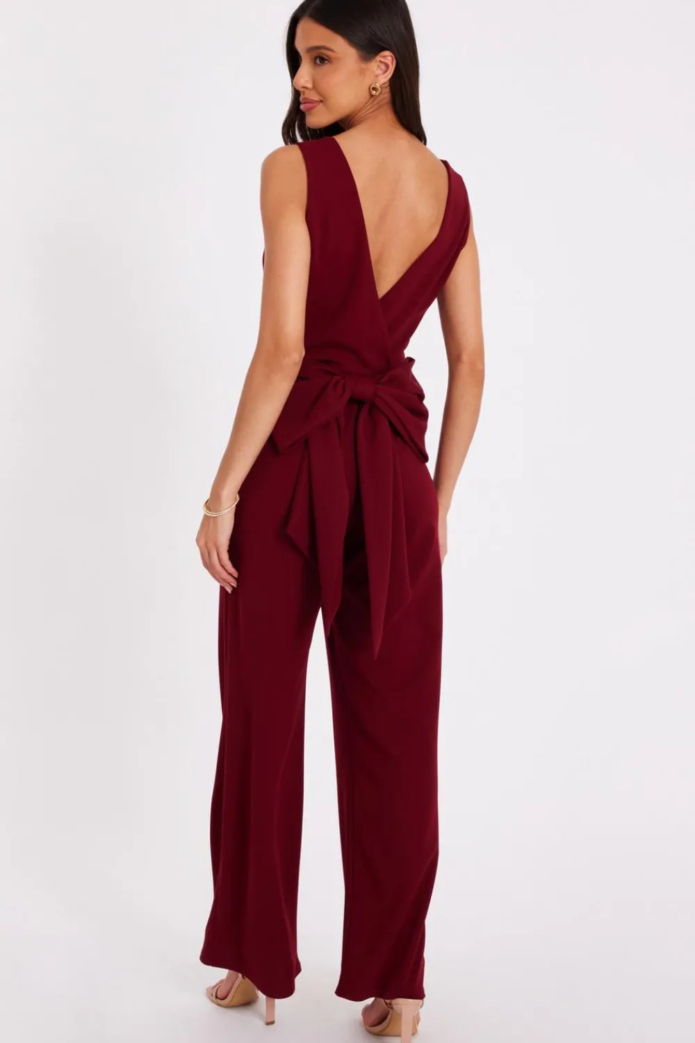 Quiz Day At The Races|Christening Guest>Dark Red Bow Back Jumpsuit