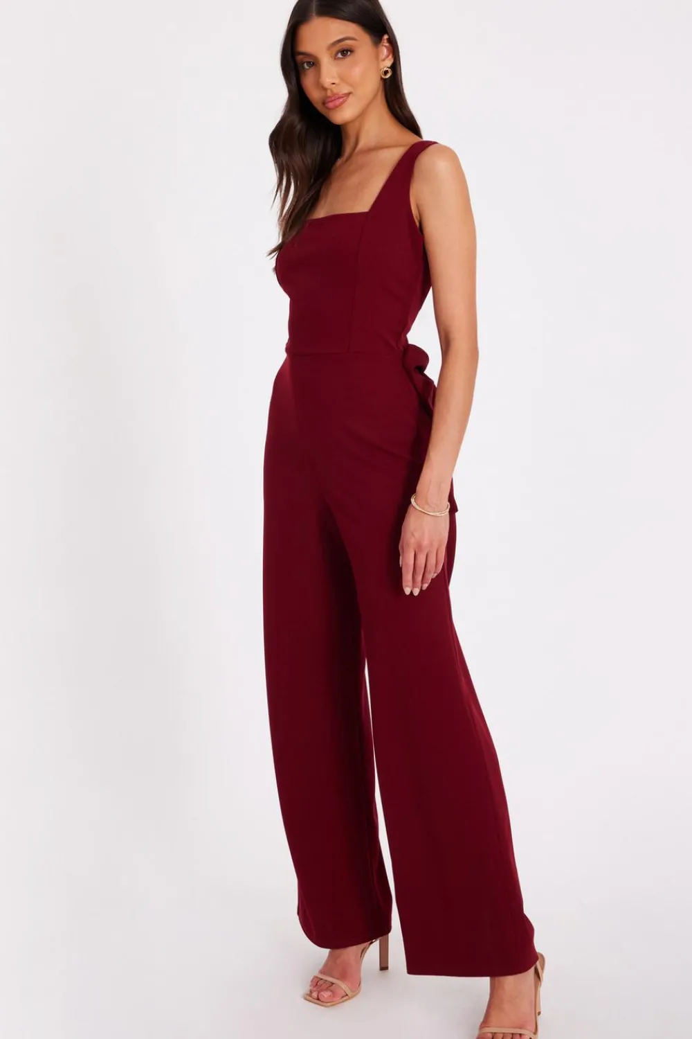 Quiz Day At The Races|Christening Guest>Dark Red Bow Back Jumpsuit