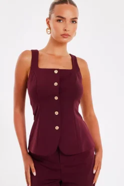 Quiz Waistcoat|Going Out Tops>Dark Red Button Front Waistcoat