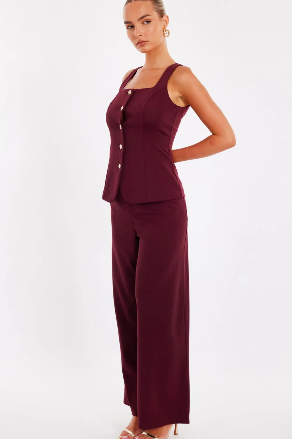 Quiz Waistcoat|Going Out Tops>Dark Red Button Front Waistcoat