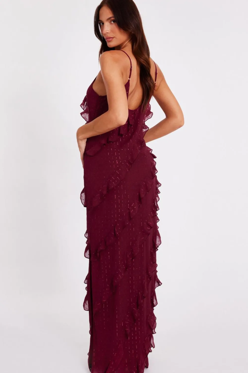 Quiz Evening Dresses|Day At The Races>Dark Red Chiffon Ruffle Midaxi Dress