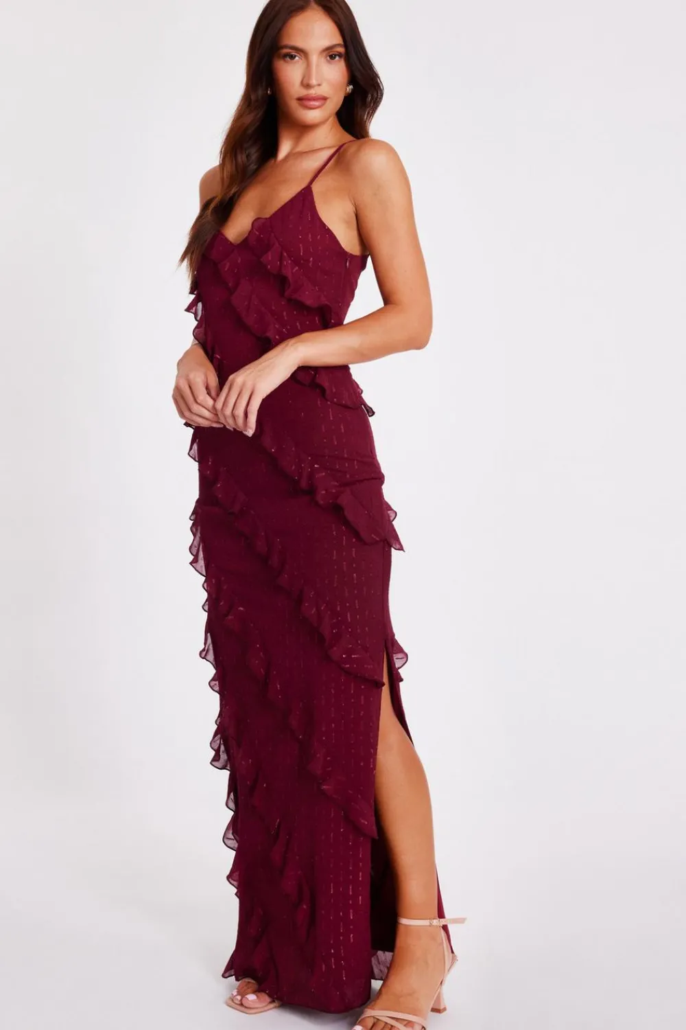 Quiz Evening Dresses|Day At The Races>Dark Red Chiffon Ruffle Midaxi Dress