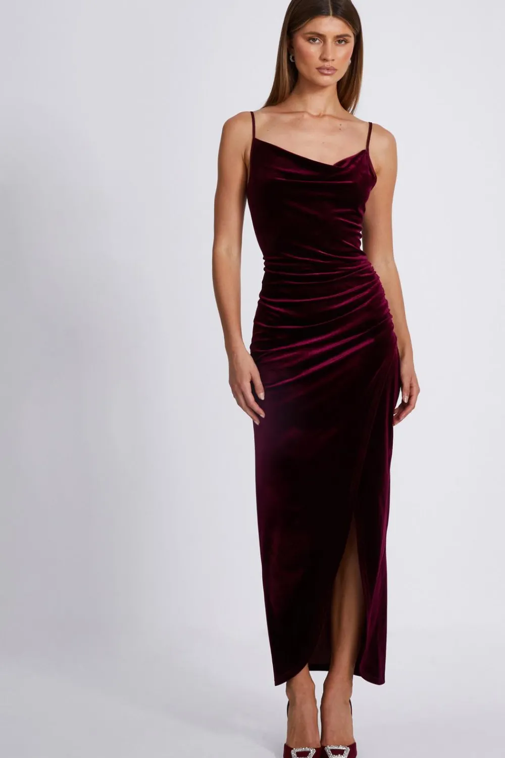 Quiz Red Dresses|Going Out Dresses>Dark Red Cowl Neck Midaxi Dress