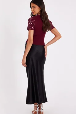 Quiz Day Tops|Crop Tops>Dark Red Embellished Knit Crop Top
