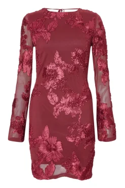 Quiz Trending: Red|Florals>Dark Red Floral Applique Mini Dress
