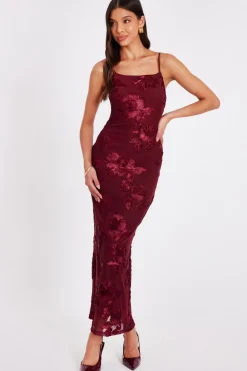 Quiz Christening Guest|Trending: Red>Dark Red Floral Applique Midaxi Dress