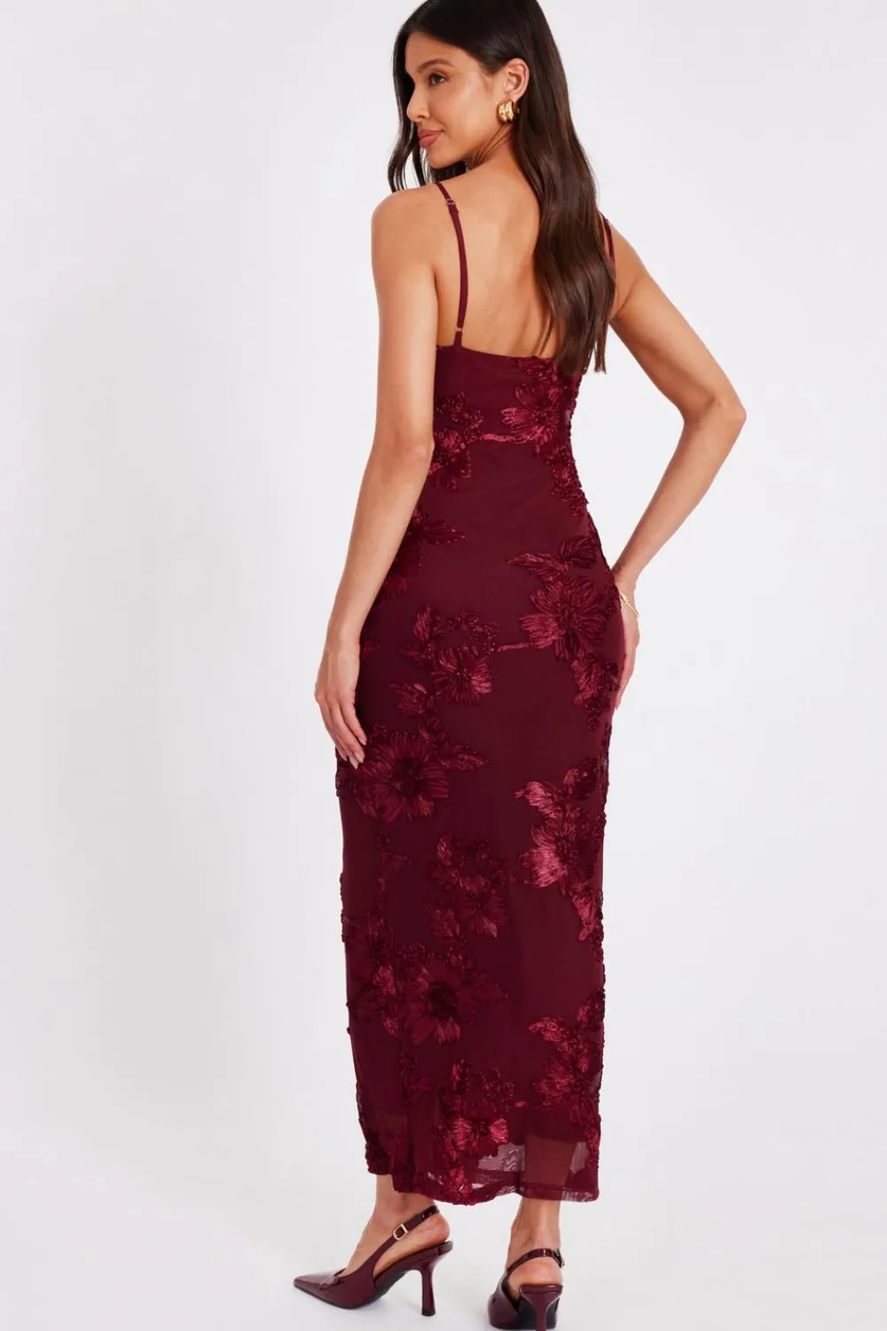Quiz Christening Guest|Trending: Red>Dark Red Floral Applique Midaxi Dress