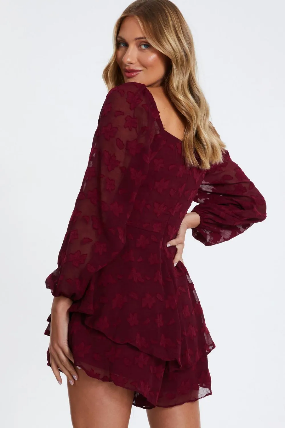 Quiz Trending: Red|Summer Clothes>Dark Red Floral Jacquard Tiered Playsuit